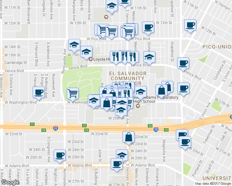 map of restaurants, bars, coffee shops, grocery stores, and more near 1812 South Berendo Street in Los Angeles