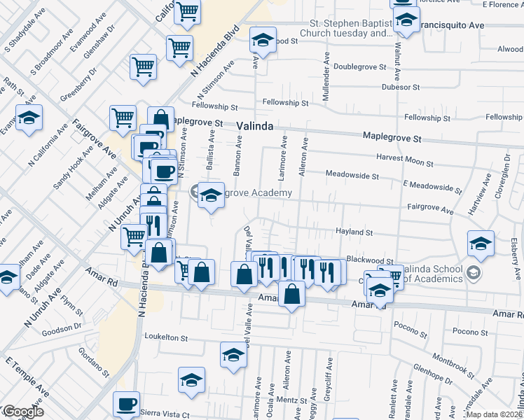 map of restaurants, bars, coffee shops, grocery stores, and more near 1162 Del Valle Avenue in La Puente