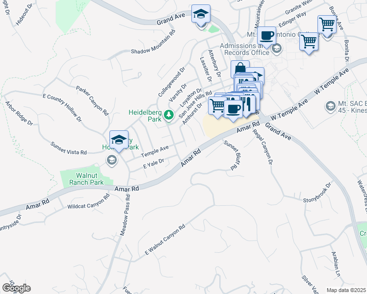 map of restaurants, bars, coffee shops, grocery stores, and more near 1309 Cascade Avenue in Walnut