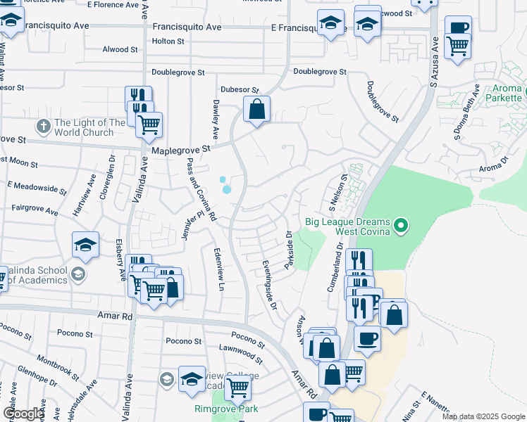 map of restaurants, bars, coffee shops, grocery stores, and more near 1358 Oahu Street in West Covina