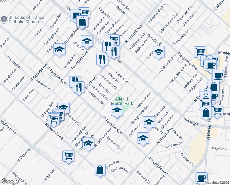 map of restaurants, bars, coffee shops, grocery stores, and more near 741 Evanwood Avenue in La Puente