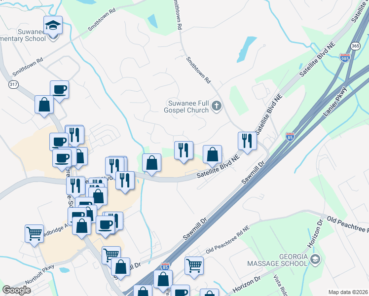 map of restaurants, bars, coffee shops, grocery stores, and more near 60 Gilbert Circle Northeast in Suwanee