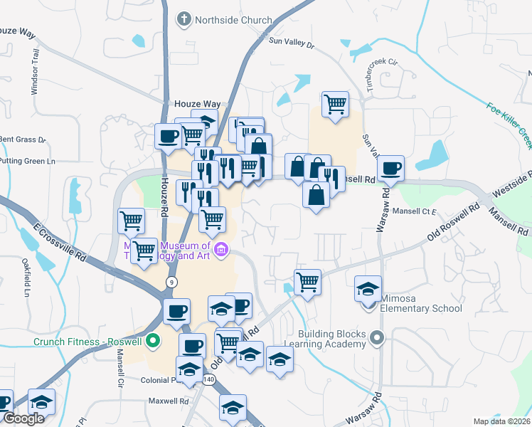 map of restaurants, bars, coffee shops, grocery stores, and more near 261 Roswell Commons Circle in Roswell