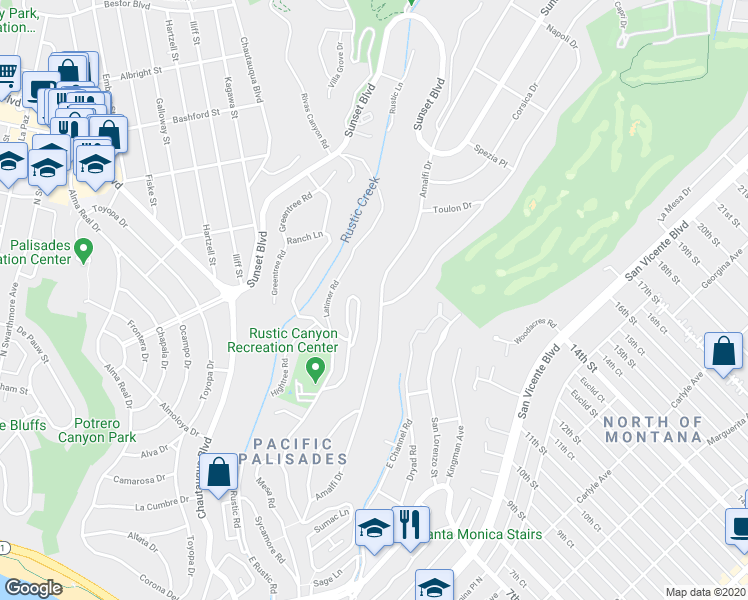 map of restaurants, bars, coffee shops, grocery stores, and more near 699 Amalfi Drive in Los Angeles