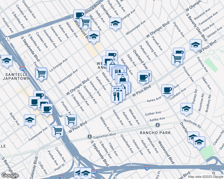 map of restaurants, bars, coffee shops, grocery stores, and more near 2327 Midvale Avenue in Los Angeles