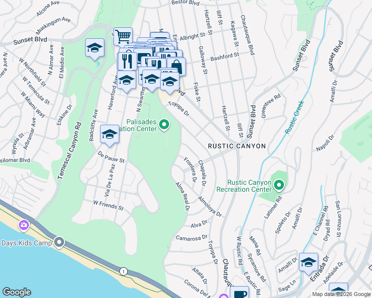 map of restaurants, bars, coffee shops, grocery stores, and more near 741 Chapala Drive in Los Angeles