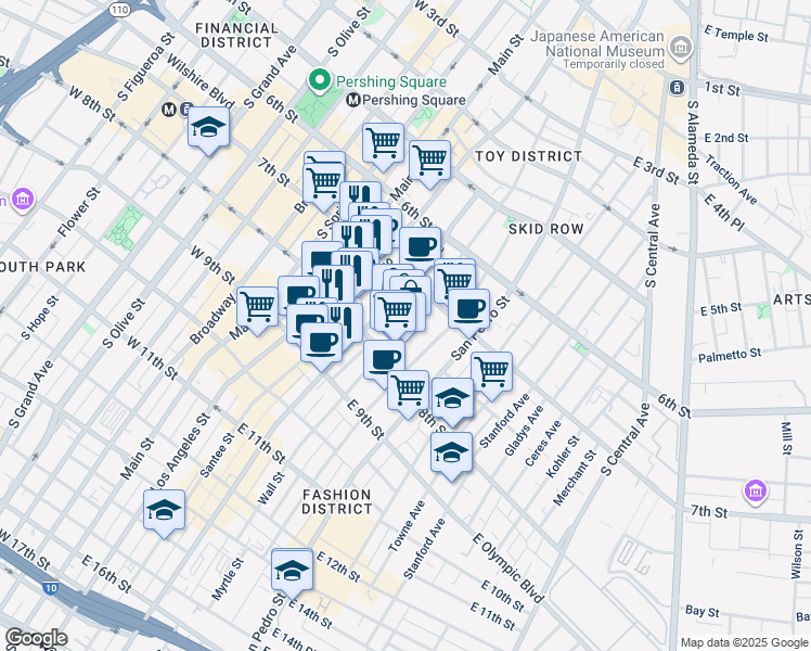 map of restaurants, bars, coffee shops, grocery stores, and more near 753 Wall Street in Los Angeles