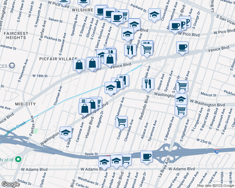 map of restaurants, bars, coffee shops, grocery stores, and more near 5299 Washington Boulevard in Los Angeles