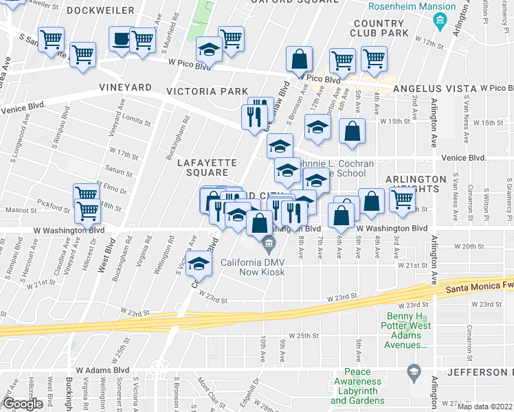 map of restaurants, bars, coffee shops, grocery stores, and more near 1812 South Bronson Avenue in Los Angeles