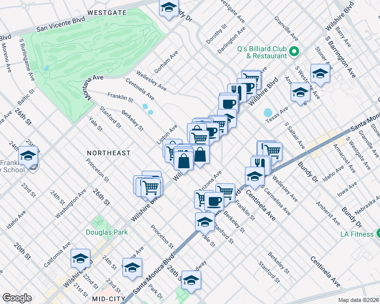 map of restaurants, bars, coffee shops, grocery stores, and more near 3201 Wilshire Boulevard in Santa Monica