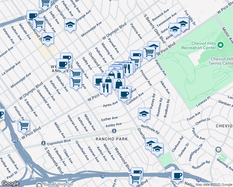 map of restaurants, bars, coffee shops, grocery stores, and more near 2455 Overland Avenue in Los Angeles