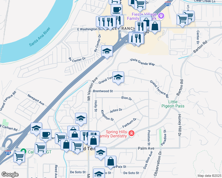map of restaurants, bars, coffee shops, grocery stores, and more near 22648 Brentwood Street in Grand Terrace
