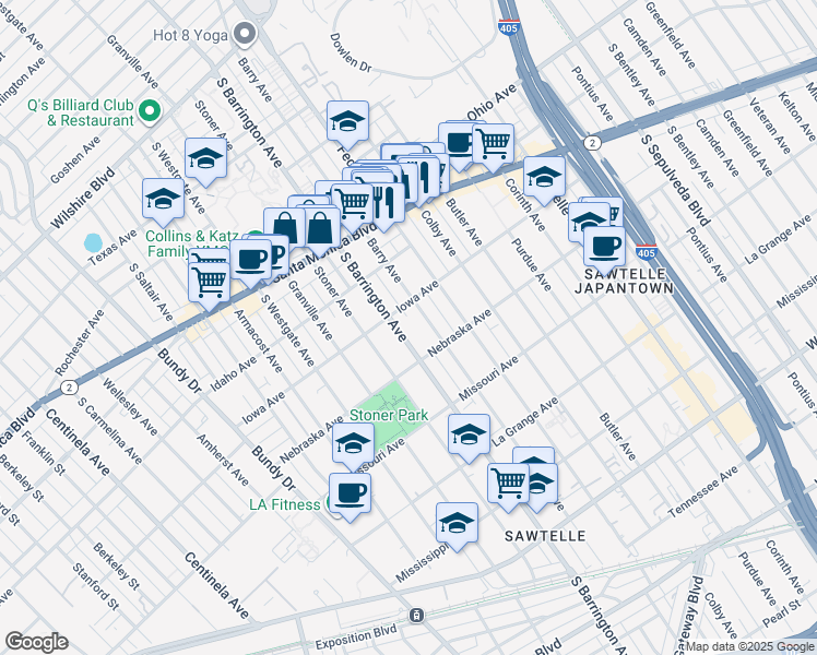 map of restaurants, bars, coffee shops, grocery stores, and more near 1718 South Barrington Avenue in Los Angeles