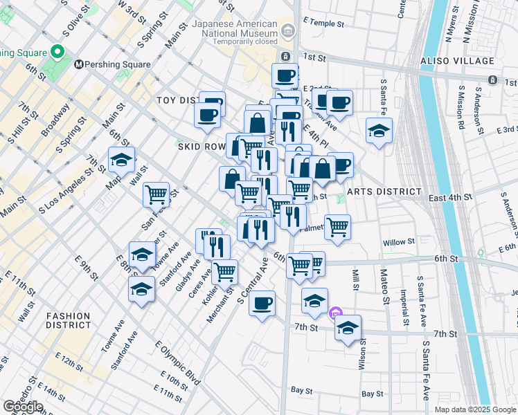 map of restaurants, bars, coffee shops, grocery stores, and more near 527 Ceres Ave in Los Angeles