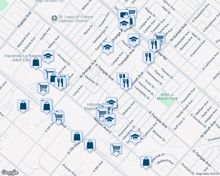 map of restaurants, bars, coffee shops, grocery stores, and more near 520 Cabana Avenue in La Puente