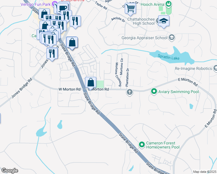map of restaurants, bars, coffee shops, grocery stores, and more near 1407 Morningside Park Drive in Alpharetta