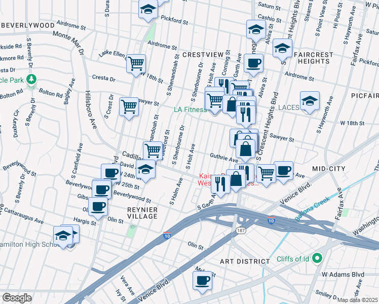 map of restaurants, bars, coffee shops, grocery stores, and more near 2001 South Holt Avenue in Los Angeles