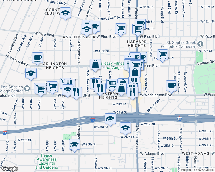 map of restaurants, bars, coffee shops, grocery stores, and more near 1819 South Gramercy Place in Los Angeles