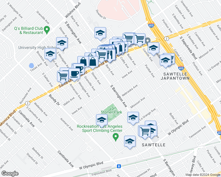 map of restaurants, bars, coffee shops, grocery stores, and more near 11700 Iowa Avenue in Los Angeles