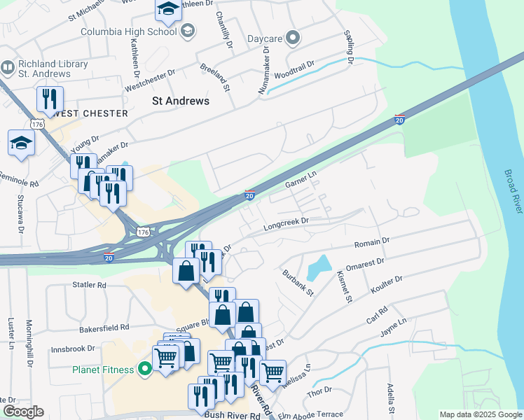map of restaurants, bars, coffee shops, grocery stores, and more near 201 Jamestown Square in Columbia