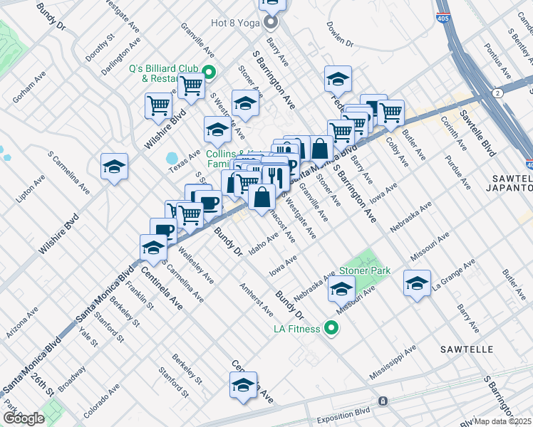 map of restaurants, bars, coffee shops, grocery stores, and more near 1525 Armacost Avenue in Los Angeles