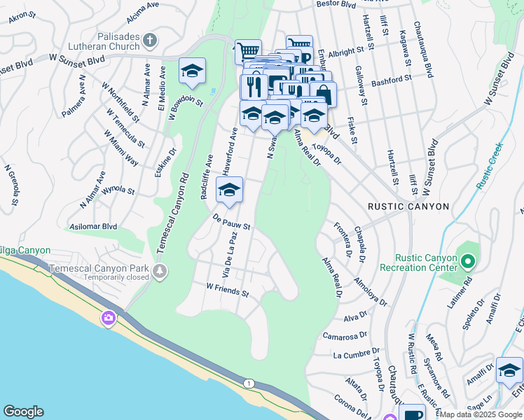 map of restaurants, bars, coffee shops, grocery stores, and more near 624 North Swarthmore Avenue in Los Angeles