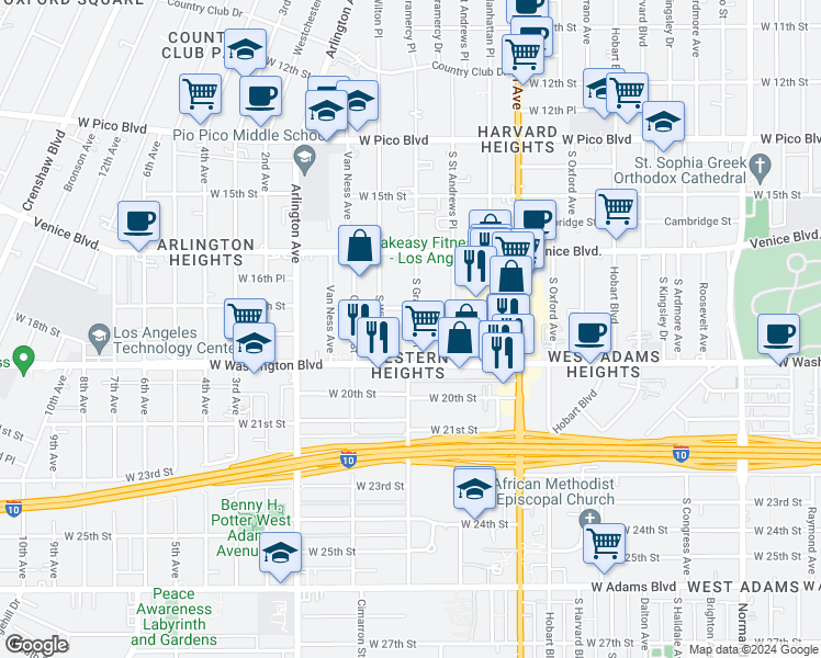map of restaurants, bars, coffee shops, grocery stores, and more near 1819 South Gramercy Place in Los Angeles