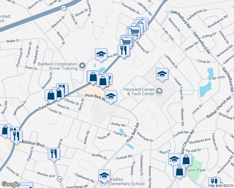 map of restaurants, bars, coffee shops, grocery stores, and more near 1525 Woodmont Drive in Columbia