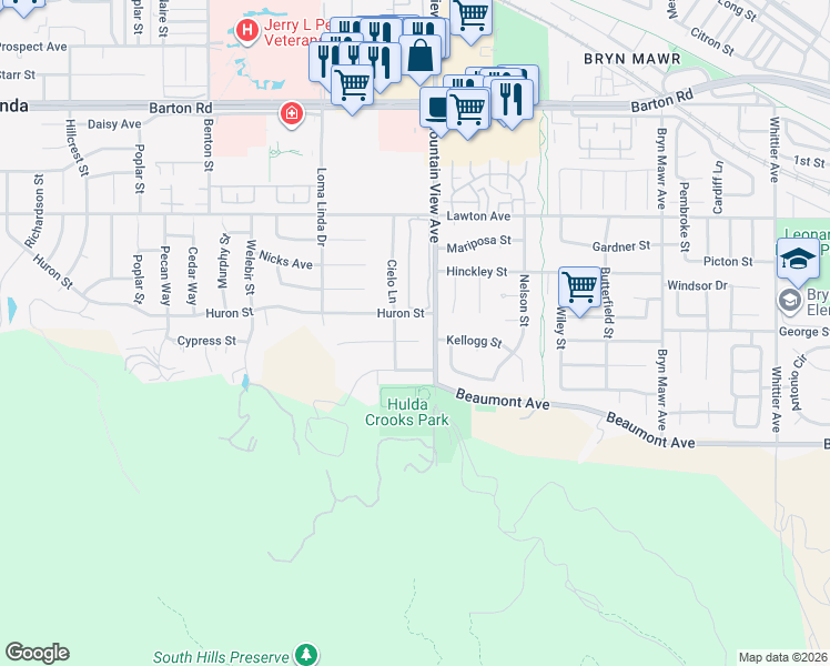 map of restaurants, bars, coffee shops, grocery stores, and more near 25672 Carrol Court in Loma Linda