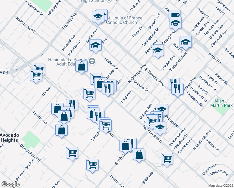 map of restaurants, bars, coffee shops, grocery stores, and more near 321 North Orange Avenue in La Puente