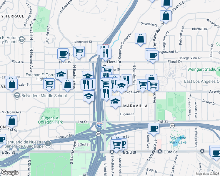 map of restaurants, bars, coffee shops, grocery stores, and more near 4524 Dozier Street in East Los Angeles