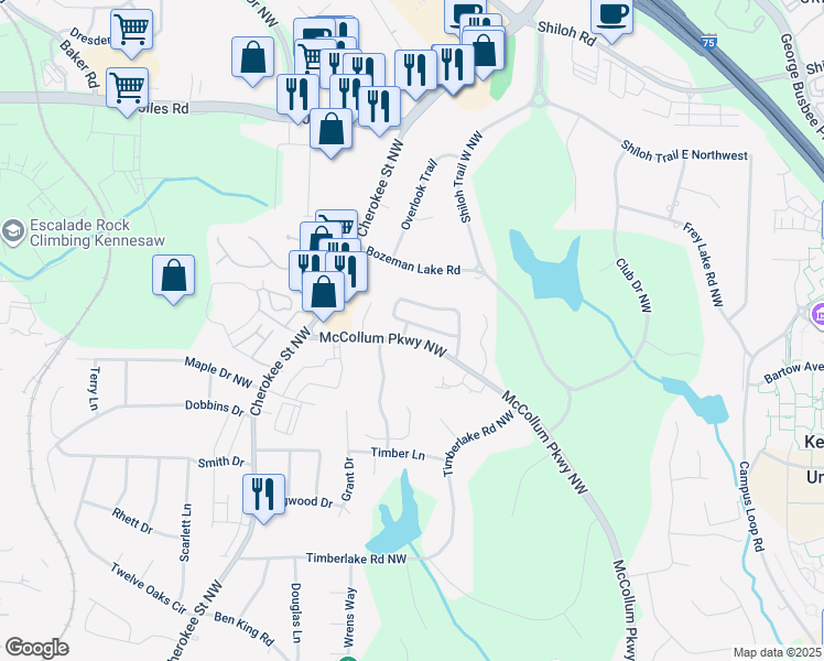 map of restaurants, bars, coffee shops, grocery stores, and more near 3000 Sand Wedge Circle in Kennesaw