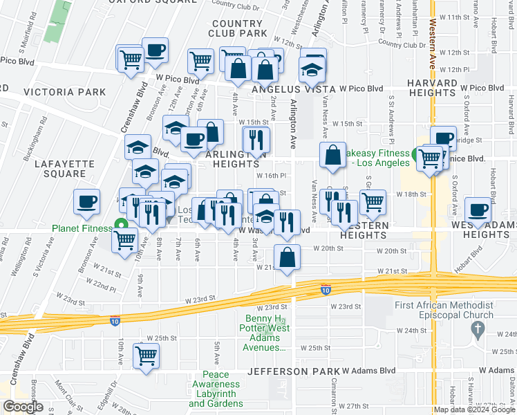 map of restaurants, bars, coffee shops, grocery stores, and more near 3223 West 18th Street in Los Angeles