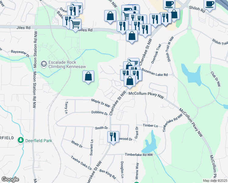 map of restaurants, bars, coffee shops, grocery stores, and more near 2200 Bensman Lane in Kennesaw