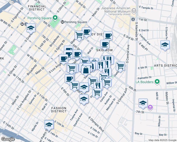 map of restaurants, bars, coffee shops, grocery stores, and more near 519 East 7th Street in Los Angeles