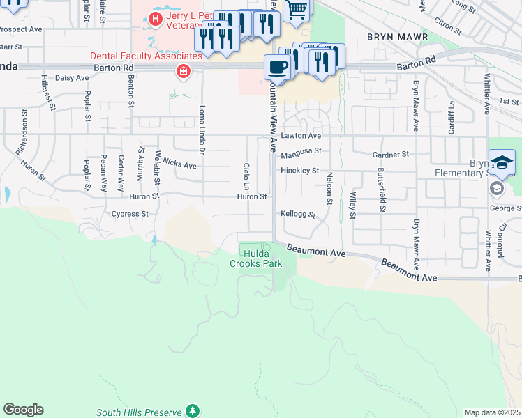 map of restaurants, bars, coffee shops, grocery stores, and more near 25672 Carrol Court in Loma Linda