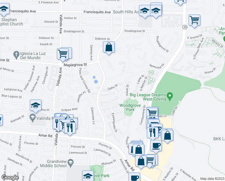 map of restaurants, bars, coffee shops, grocery stores, and more near 1366 Oahu Street in West Covina