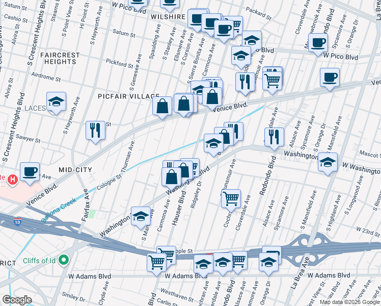 map of restaurants, bars, coffee shops, grocery stores, and more near 1819 Hauser Boulevard in Los Angeles
