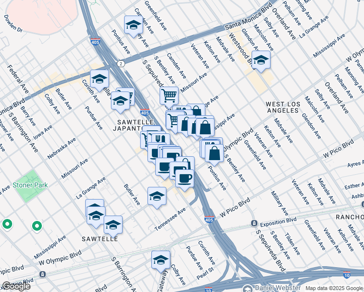 map of restaurants, bars, coffee shops, grocery stores, and more near 2101 Pontius Avenue in Los Angeles