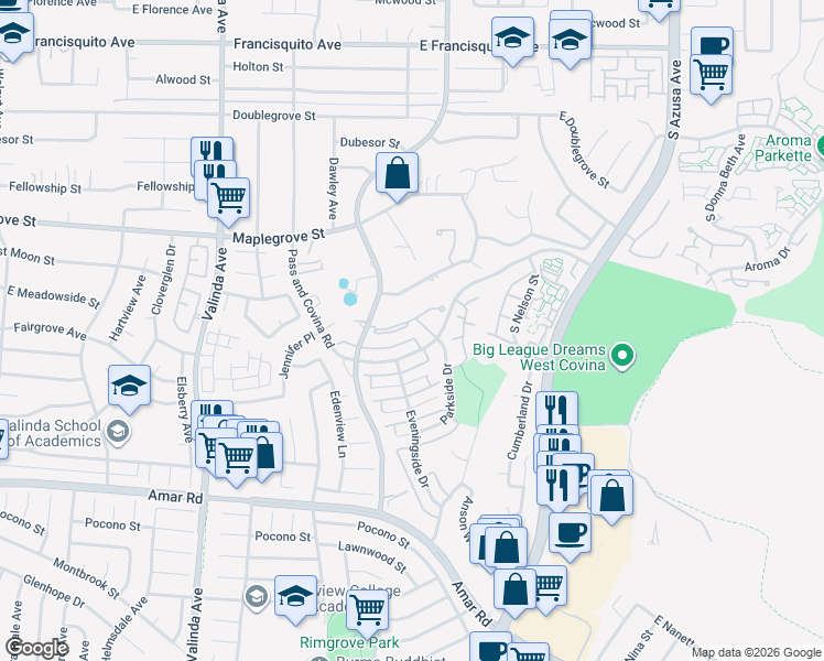 map of restaurants, bars, coffee shops, grocery stores, and more near 1366 Oahu Street in West Covina