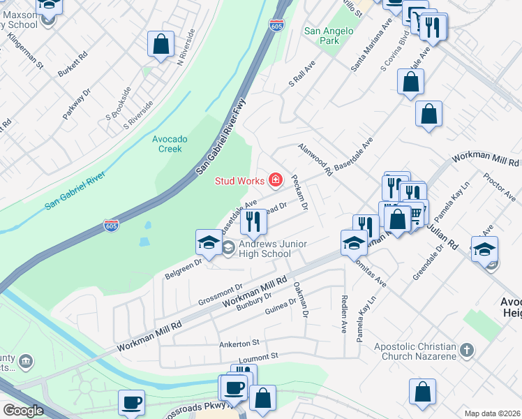 map of restaurants, bars, coffee shops, grocery stores, and more near 805 Vinemead Drive in Whittier