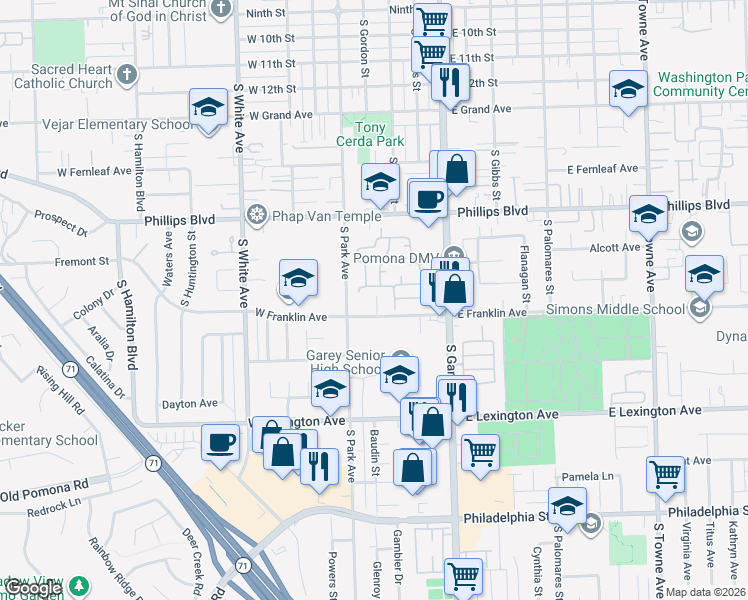 map of restaurants, bars, coffee shops, grocery stores, and more near 391 West Franklin Avenue in Pomona