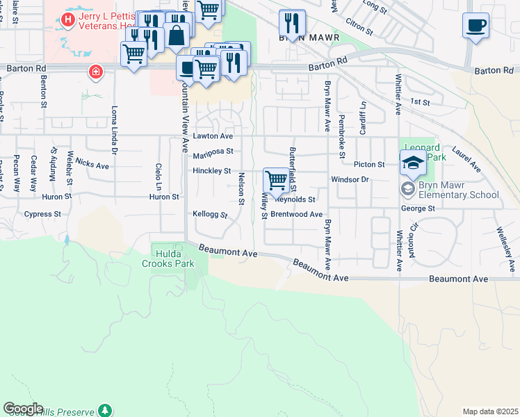 map of restaurants, bars, coffee shops, grocery stores, and more near 11704 Wiley Street in Loma Linda