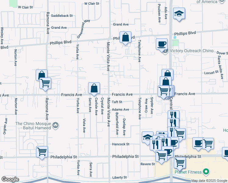 map of restaurants, bars, coffee shops, grocery stores, and more near 4936 Francis Avenue in Chino