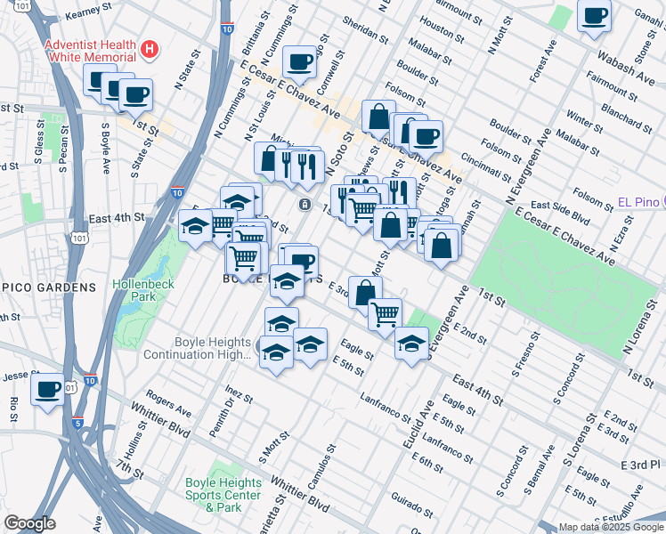map of restaurants, bars, coffee shops, grocery stores, and more near 2526 East 2nd Street in Los Angeles