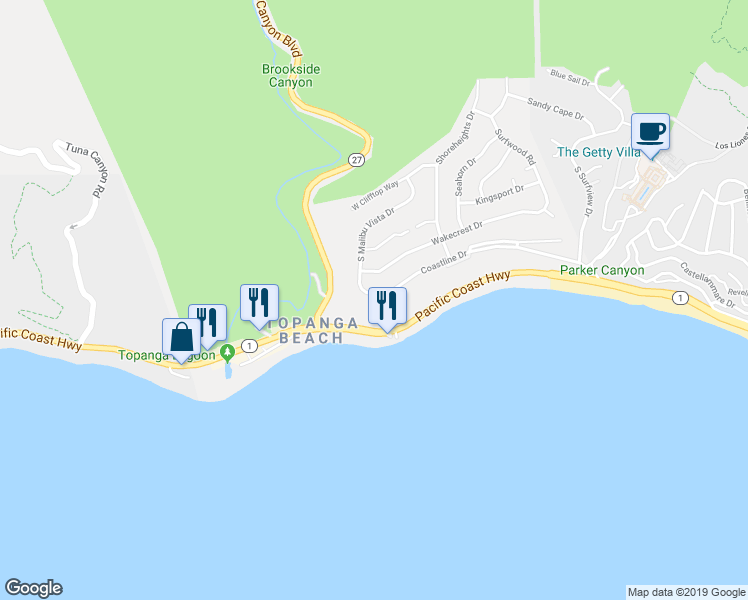 map of restaurants, bars, coffee shops, grocery stores, and more near 18450 Coastline Drive in Malibu