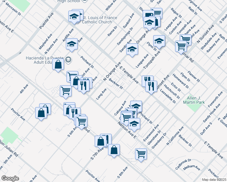 map of restaurants, bars, coffee shops, grocery stores, and more near 14403 Moccasin Street in La Puente