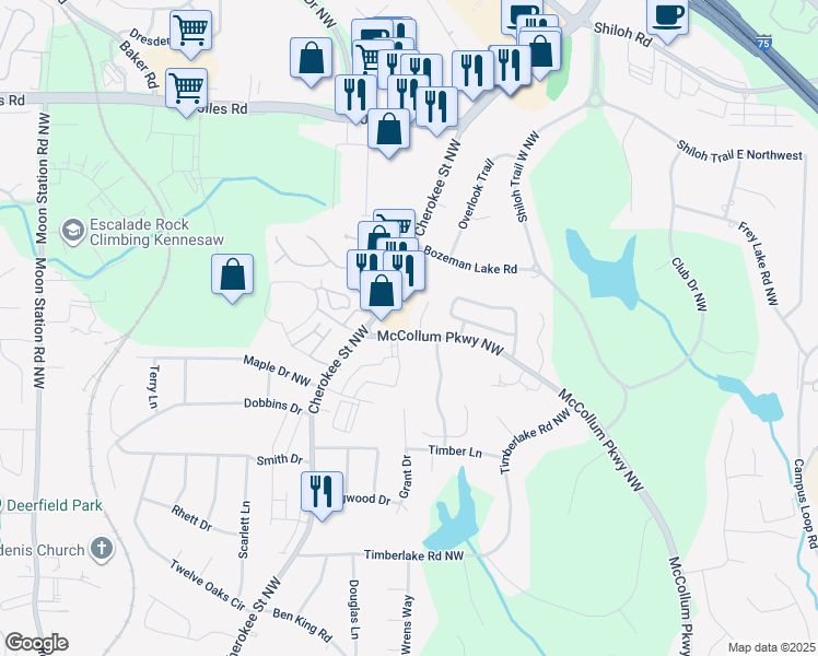 map of restaurants, bars, coffee shops, grocery stores, and more near 1200 Kennesaw Trace Court in Kennesaw