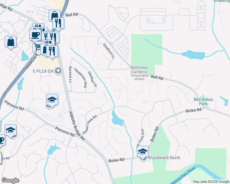 map of restaurants, bars, coffee shops, grocery stores, and more near 200 York Town Circle in Duluth