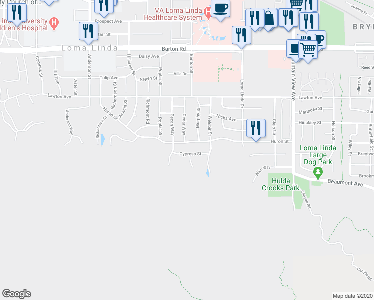 map of restaurants, bars, coffee shops, grocery stores, and more near 25284 Cypress Street in Loma Linda